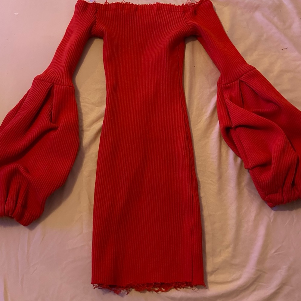 Better Be Red Knit Pull Up Tattered Balloon Sleeve Dress